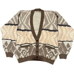 Vintage Bachrach Wool Cardigan Men Large Brown Beige Cozy Retro Grandpa Sweater
